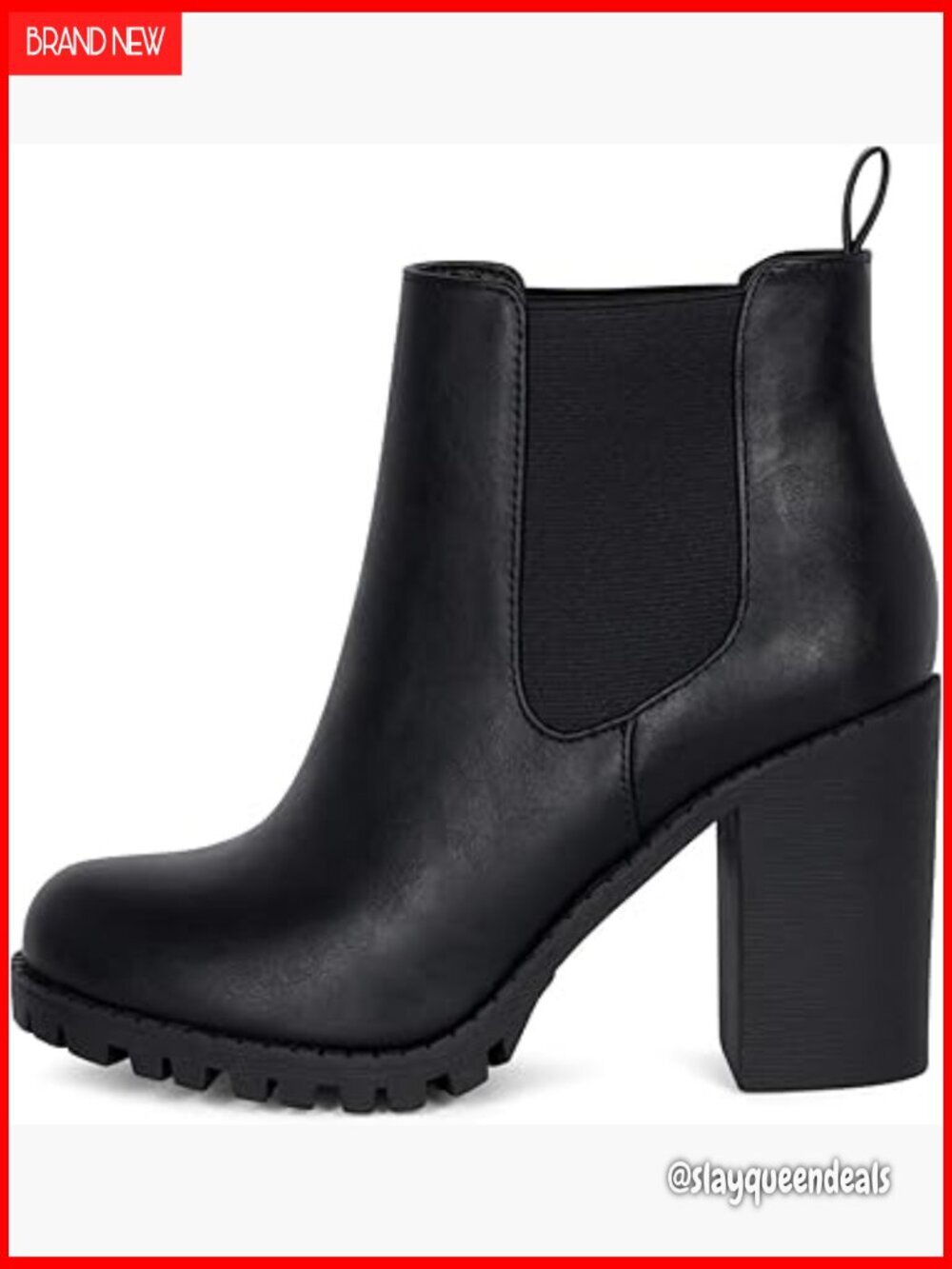 Black Ankle Boots with Lug Sole Elastic Gore Chunky Heel 3.5 Inch